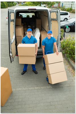 North Lakes removalists loading a stack of cardboard boxes in the back of a truck.